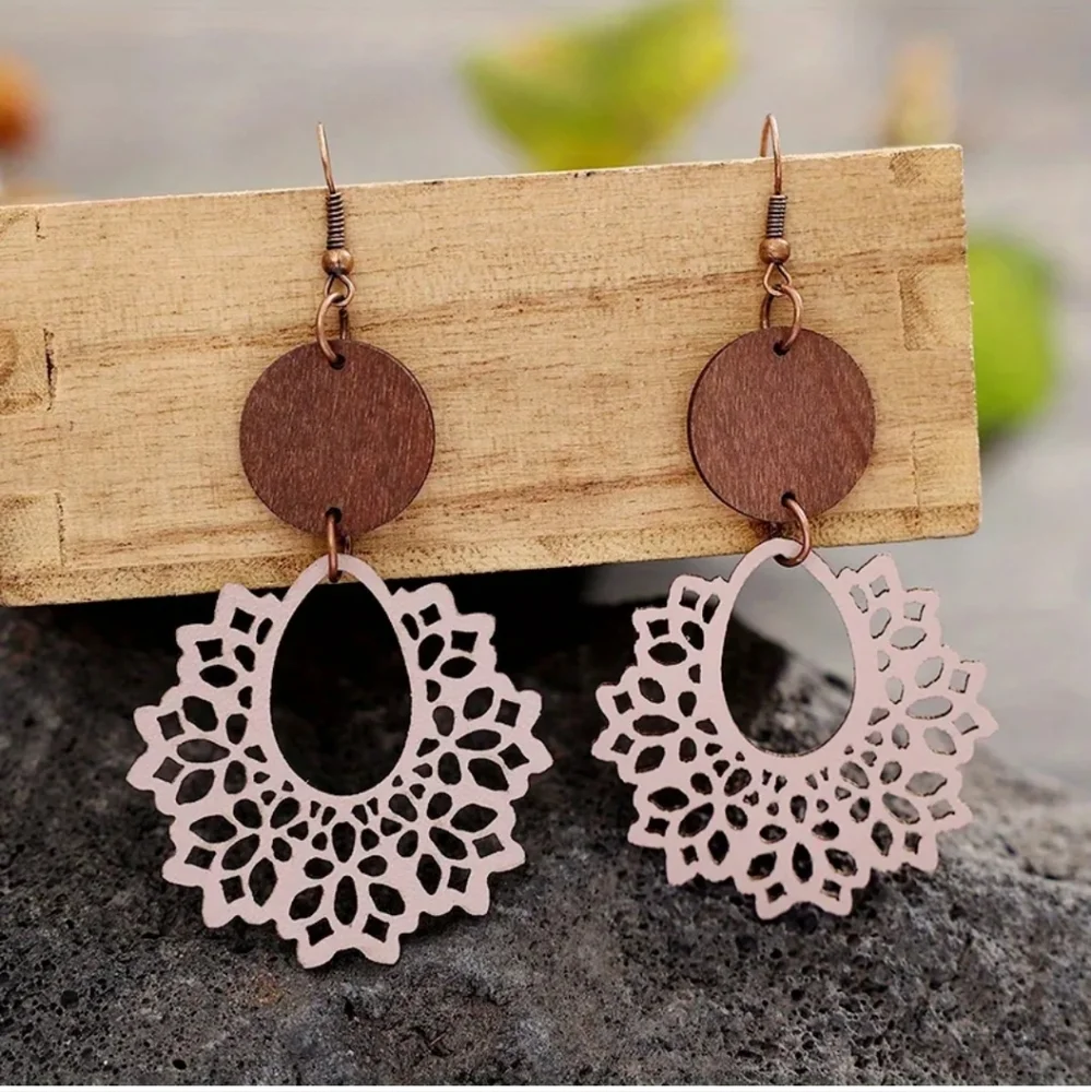 Hollow Pink/Nude Leather‎ Wood Spider Web Design Dangle 2/$15 3/$20 4/$25
